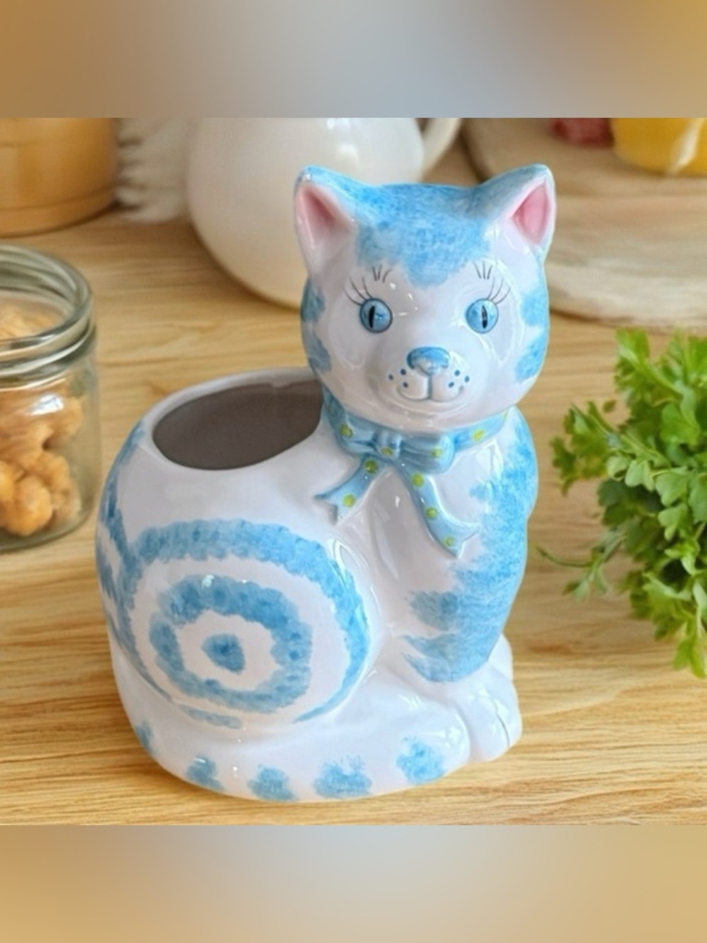 Vintage Blue Calico Cat Planter Figurine Made in Korea Mid Century Kitsch 7”in